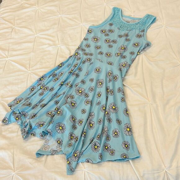 Wonder Nation Girls' Blue Floral Sleeveless Lace Front Handkerchief Dress L/G 12 - Picture 1 of 5